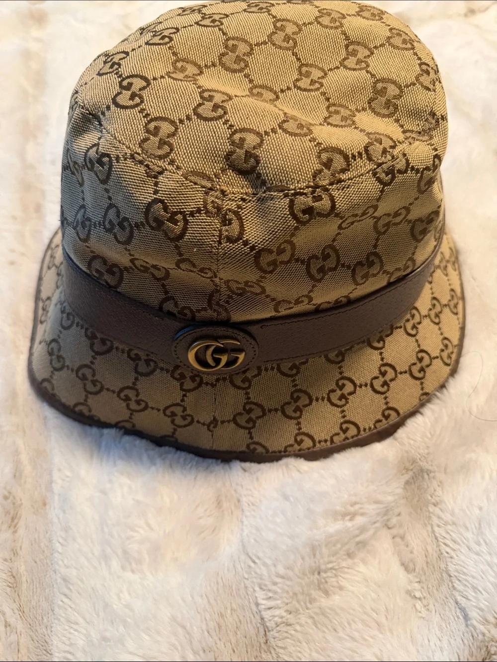 Gucci Beige and Brown GG Monogram Bucket Hat with GG Logo Band